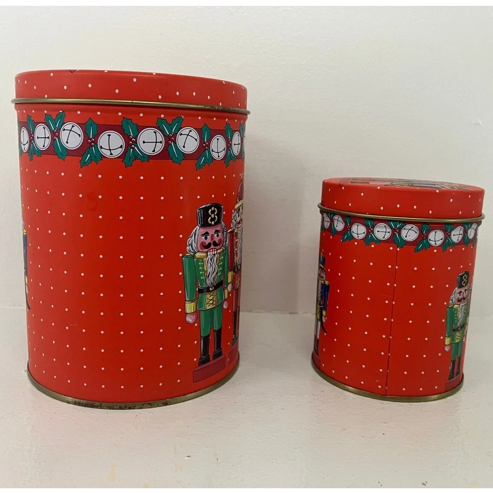 Christmas Nutcracker Red Nesting Metal Cookie Tin Holiday Trinket Storage Setof2